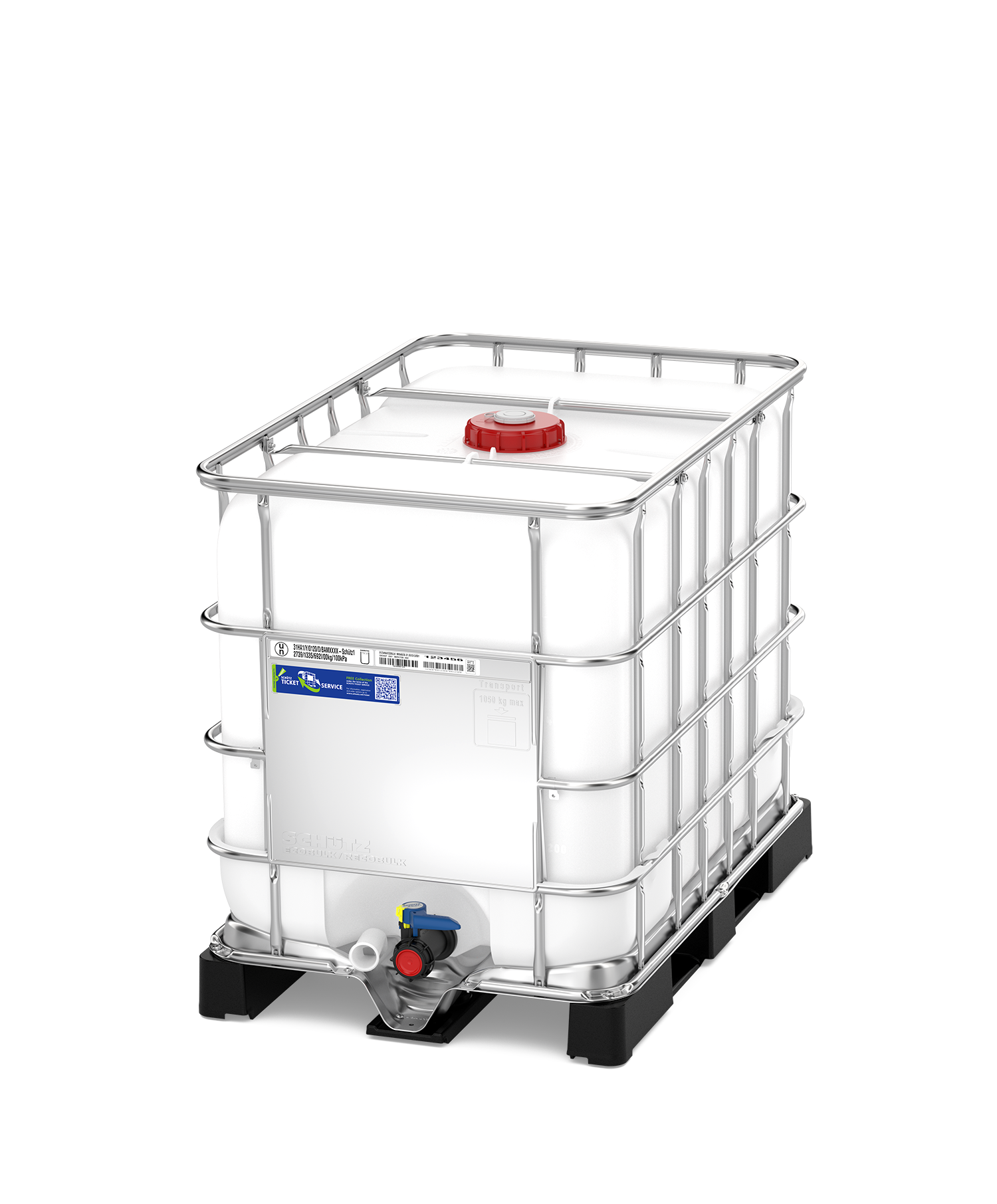 Cuve IBC, palette PE, 1000 litres, ouverture DN 150, sortie DN 50